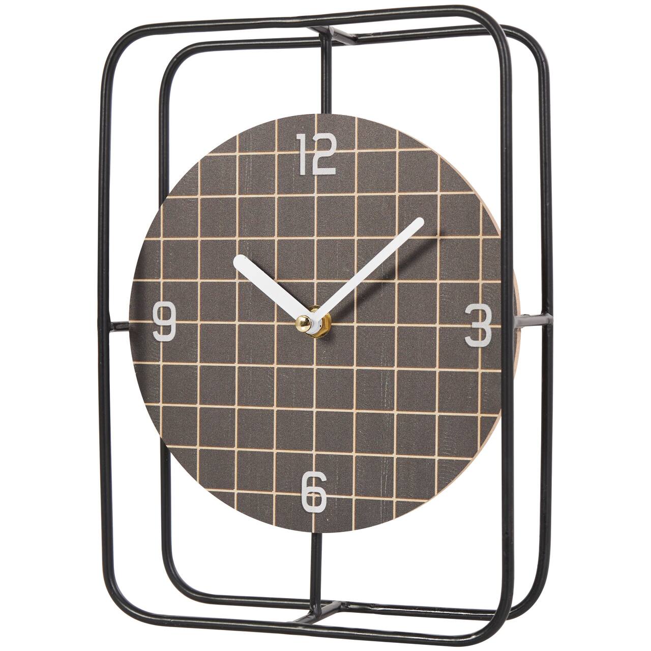 10" Black Metal Geometric Open Frame Clock with Grid Patterned Clockface